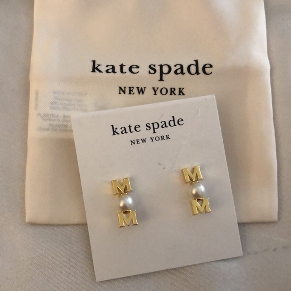Kate Spade Gold Tone Love You, Mom Linear Stud Earrings Faux Pearl Accent NWT - Picture 7 of 12